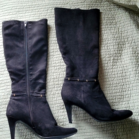 🔥Black Micro Suade 2" Heel Calf High Boot w/Gold Embellishments - Picture 2 of 7